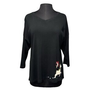 Green 3 Christmas Cat V-Neck Tunic‎ Women's Size M Black 3/4 Dolman Sleeve